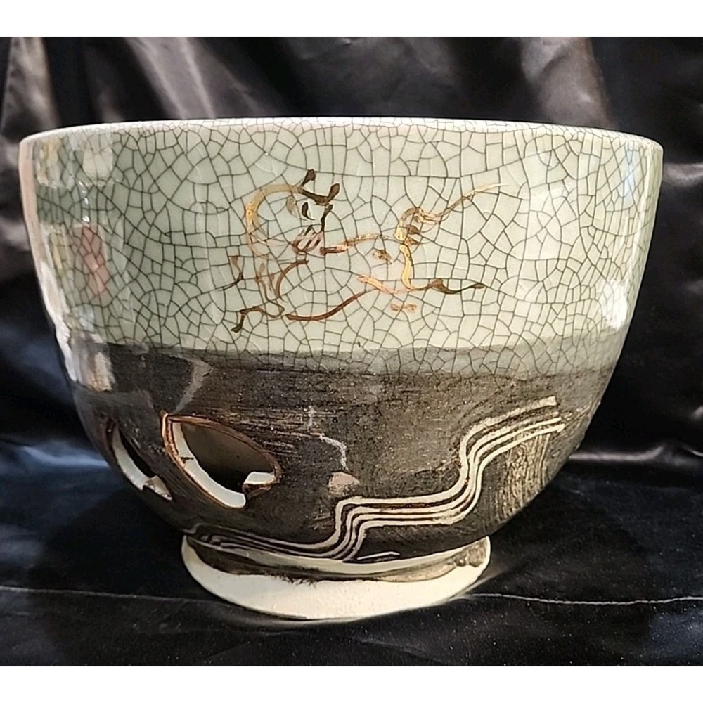 Vntg Japanese Aohibi Somayaki (Soma Ware) tea or punch bowl Double Walled
